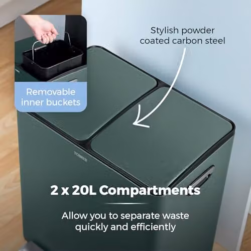 Tower 40L Recycling Pedal Bin with Removable Inner Buckets in Green and Black Coated Steel – 5