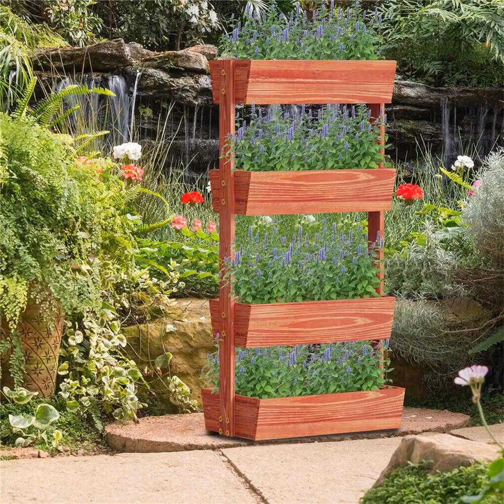 Kelvenix 4-Tier Wooden Raised Garden Bed Vertical Planter Box in Brown, W/D/H: 141 x 65 x 42 cm – 3