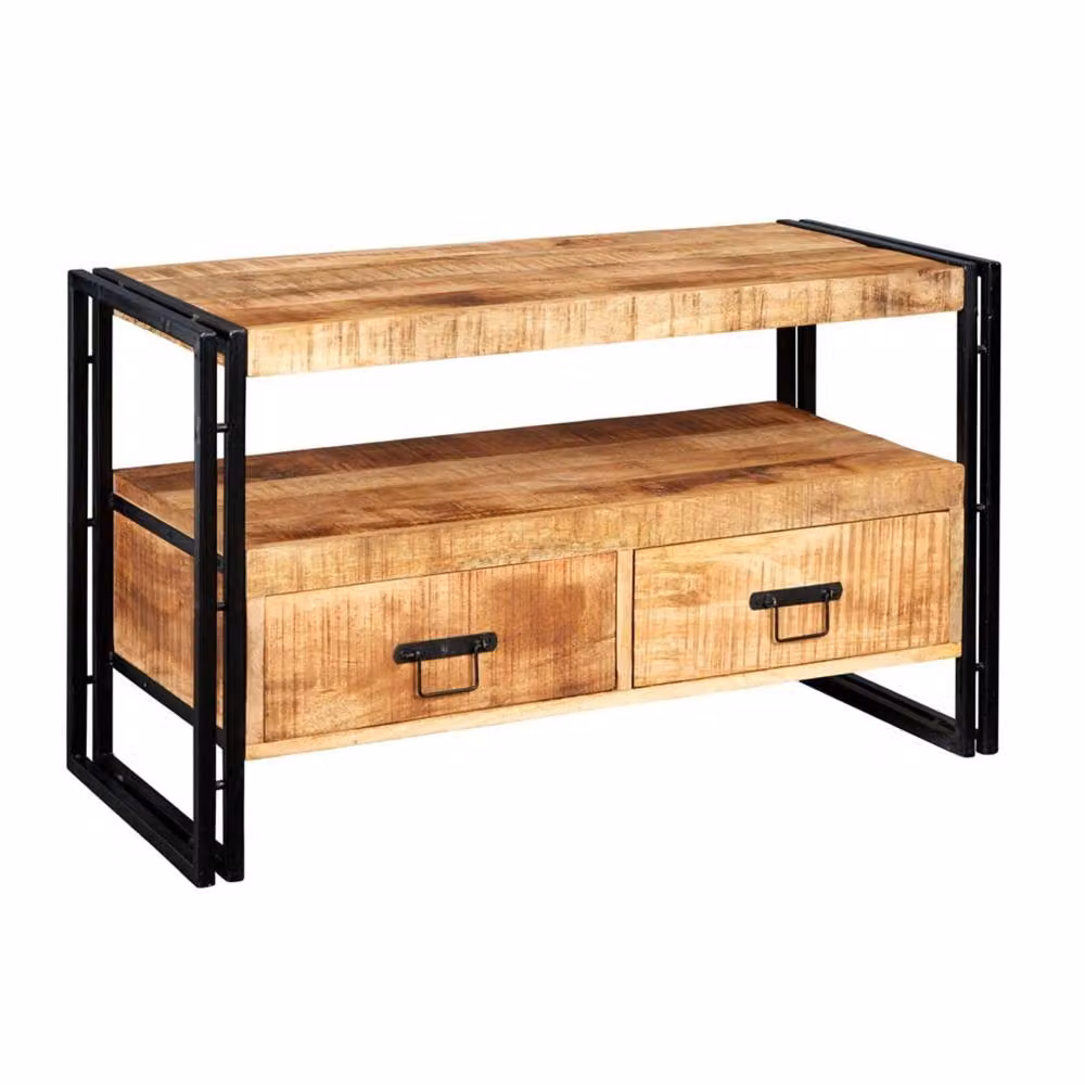 Wyld Haus Toivakka Industrial Reclaimed Wood and Metal TV Unit with 2 Drawers in Brown – 2