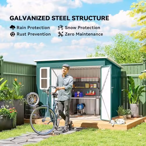 Outsunny Green Galvanised Steel Pent Garden Storage Shed with Window and Foundation Kit W: 260 cm, D: 190 cm, H: 177 cm – 3