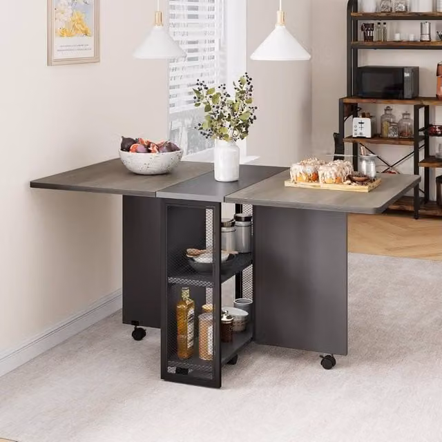 London Boutique Grey and White Mobile Drop Leaf Dining Table with Shelves and Castors – 1