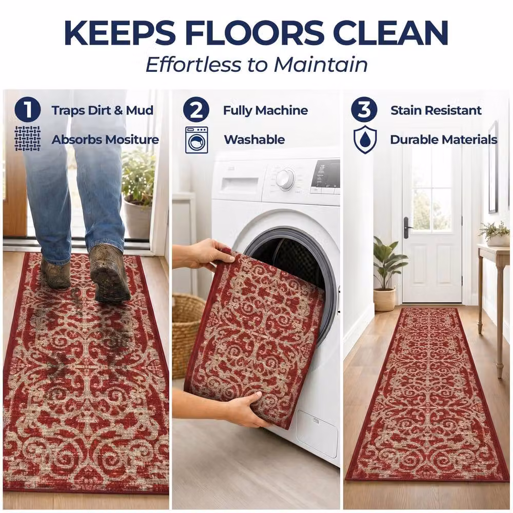 Bravich LTD Filigree Non-Slip Low Pile Hallway Runner Rug in Red, W: 66 cm x L: 457 cm – 6
