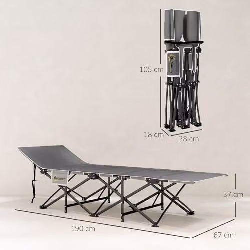 Outsunny Folding Camping Bed for Adults with Padded Foam, Adjustable Headrest and Side Compartments, Black – 6