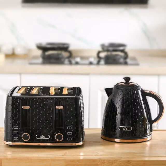 HOMCOM Black Kettle and Toaster Set with 1.7L Capacity, Defrost, Reheat and Crumb Tray