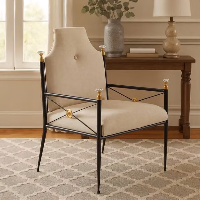 Interiors by Premier Art Deco Fabric High Back Chair with Armrests in Brown and Black with Metal Frame