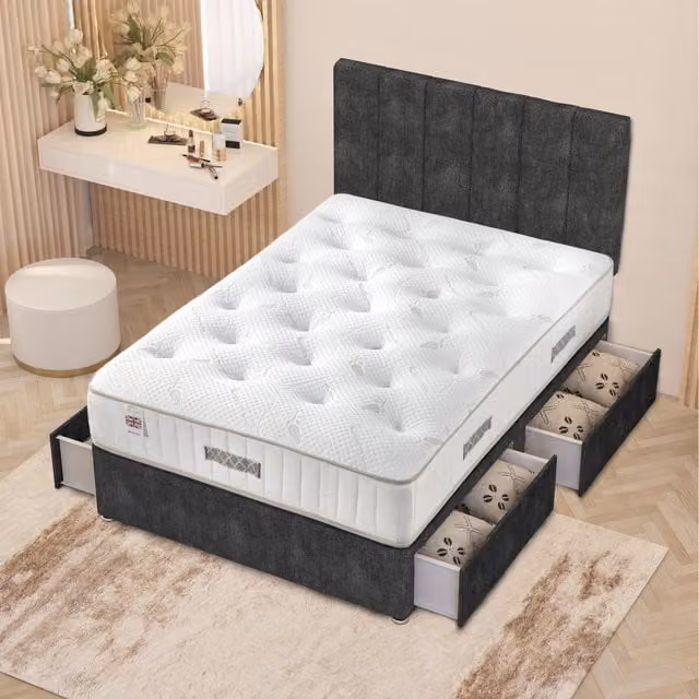 Somnior Beds Ltd Austin Hybrid Orthopaedic Divan Storage Bed with Drawers and Upholstered Headboard, Grey, W: 140 cm, D: 200 cm