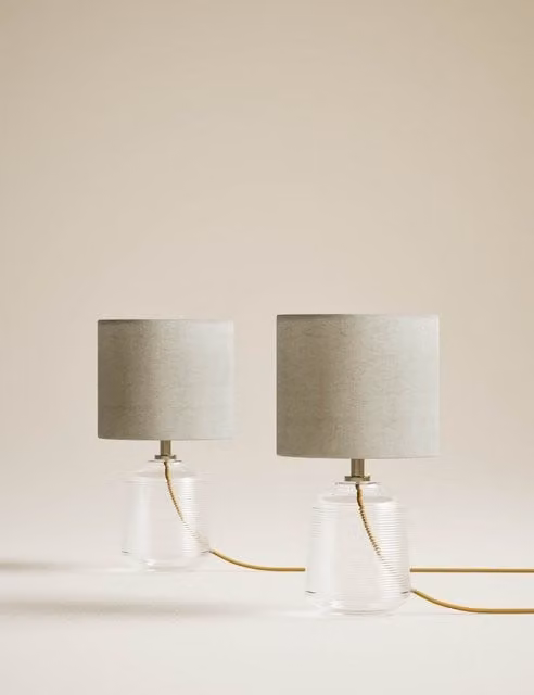 M&S Set of 2 Ribbed Glass Small Table Lamps in Transparent