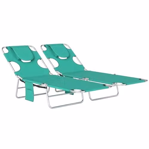 Outsunny Set of 2 Foldable Green Beach Chaise Loungers with Adjustable Headrests and Powder Coated Steel Frame