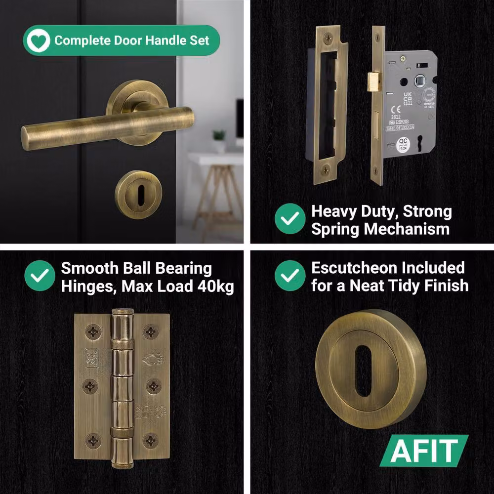 AFIT Antique Brass T-Bar Door Handle and Sashlock Escutcheon Set in Gold, 1 Pair – 7