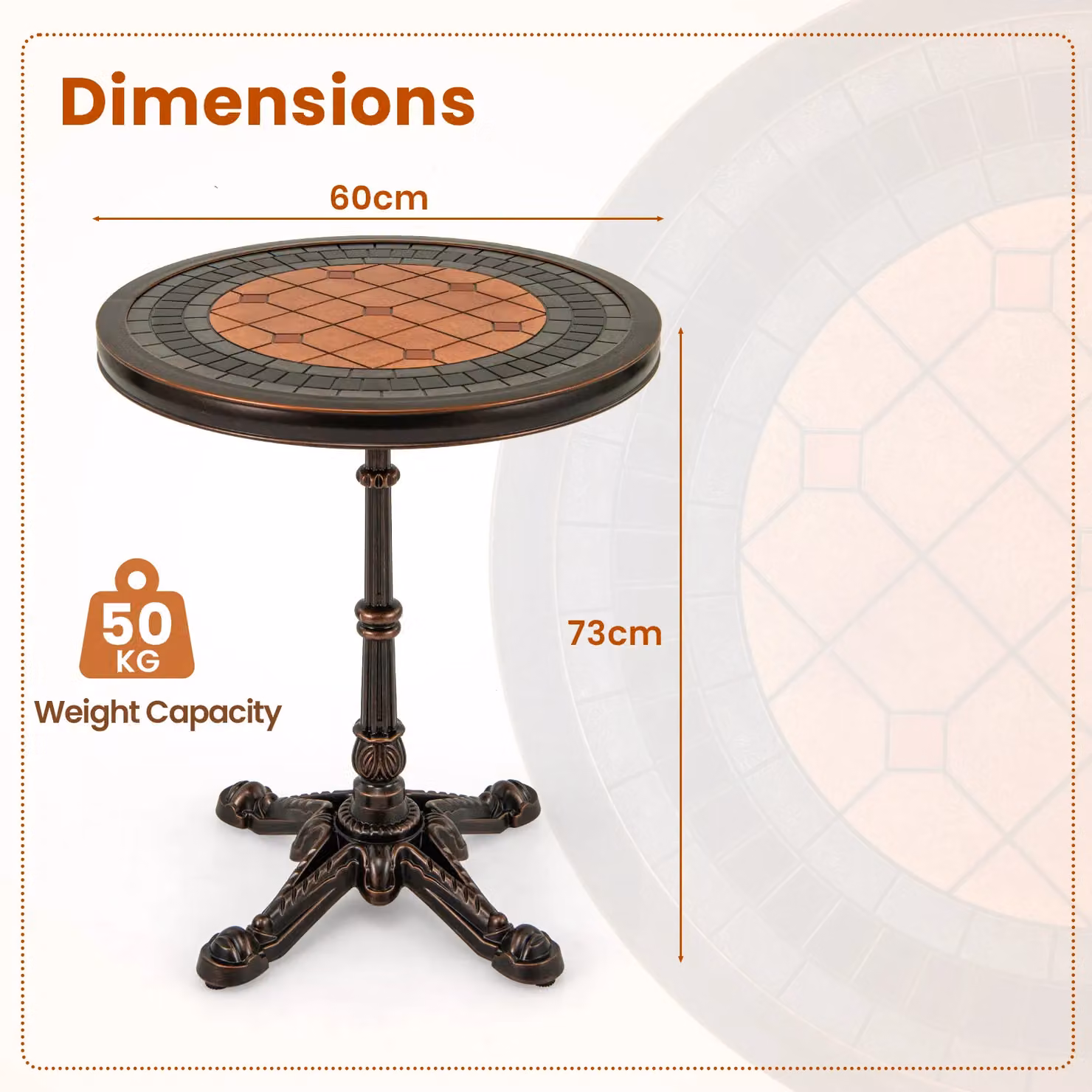Gymax Round Cast Aluminium Patio Dining Table, Bronze, Diameter: 60 cm – 2