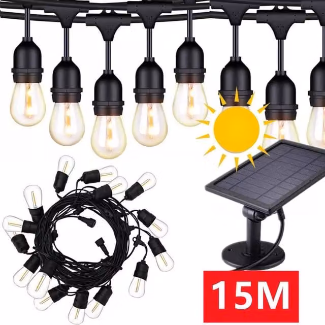 EONLION 15m Solar S14 Vintage Festoon String Lights in Black with Warm White LED and Dusk Sensor