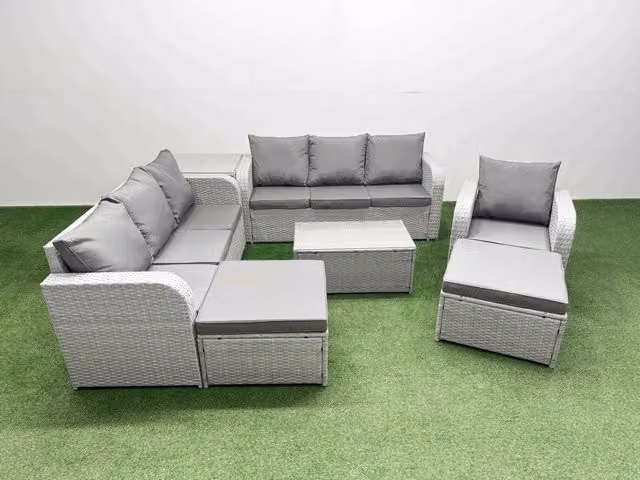 Fimous 9 Seater Poly Rattan Garden Furniture Set in Light Grey with 3 Seater Sofas, Reclining Chairs, 2 Ottomans and Side Table
