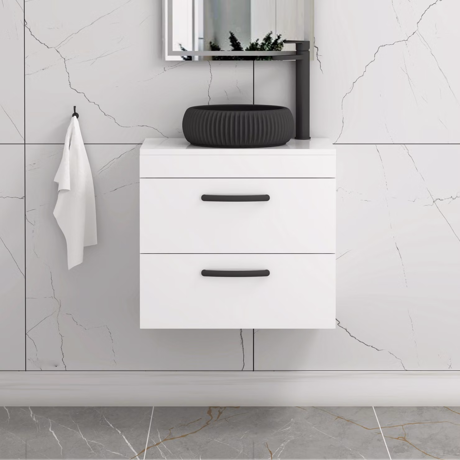 Royal Bathrooms Turin 500mm Wall Hung Vanity Unit with 2 Drawers, Gloss White and Milan Black Countertop Basin