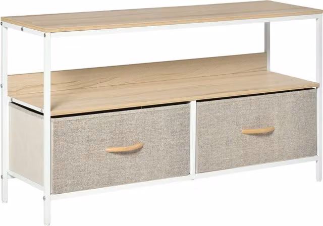 HOMCOM Wood Effect TV Cabinet with 2 Foldable Linen Drawers and Shelving – 1