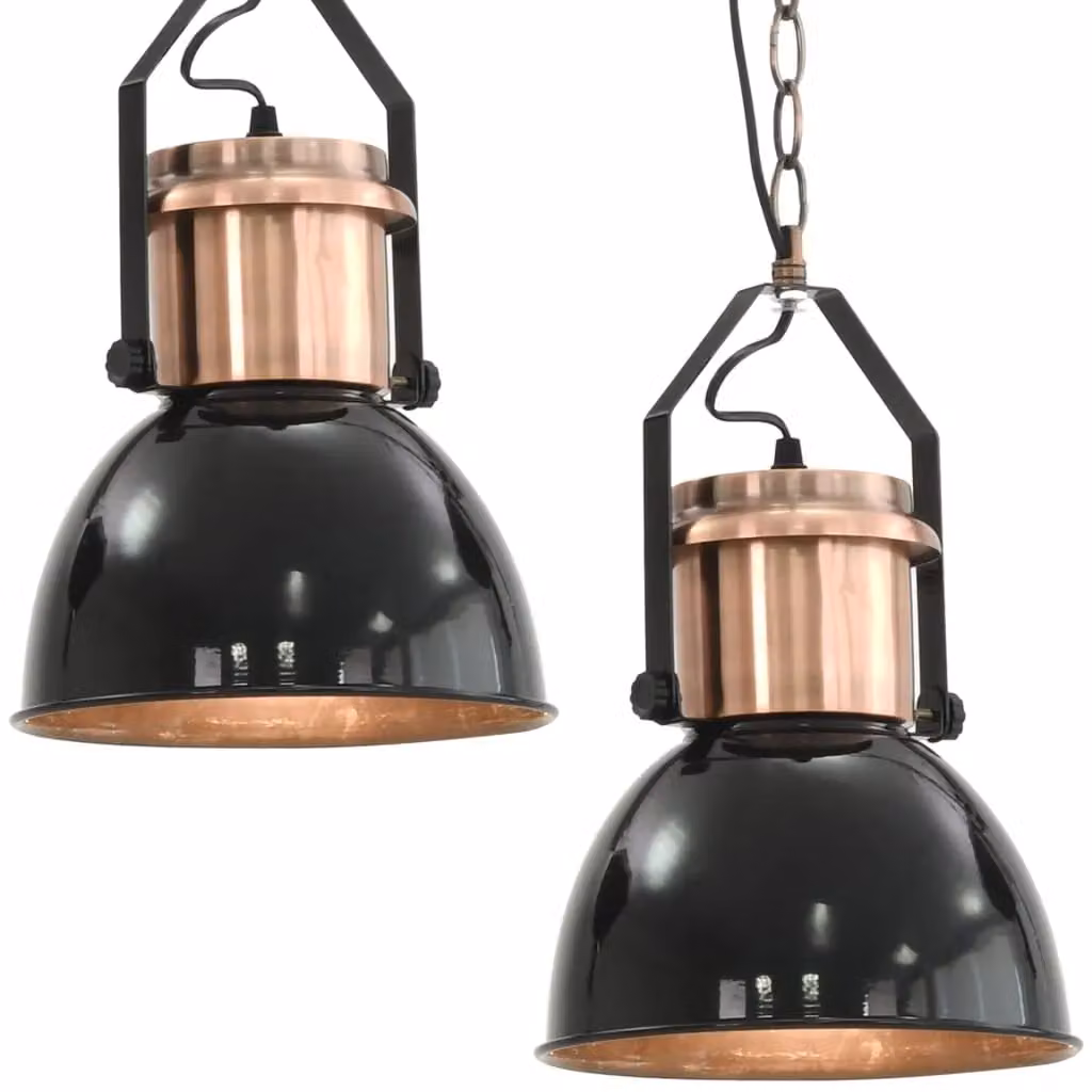 Berkfield Home Set of 2 Modern Round Suspended Ceiling Lamps in Black Metal with E27 Fitting – 2