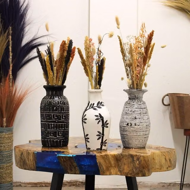 KDMK Handcrafted Lombok Ceramic Greek Straight Tabletop Vase in Brown, White and Black