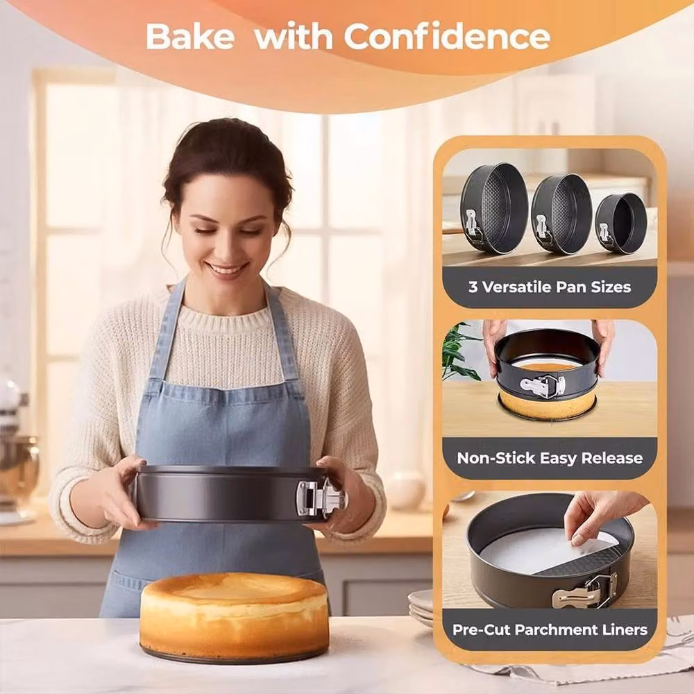 FLAVORA 100 Piece Black Round Springform Cake Tin Baking Kit with Loose Base – 3
