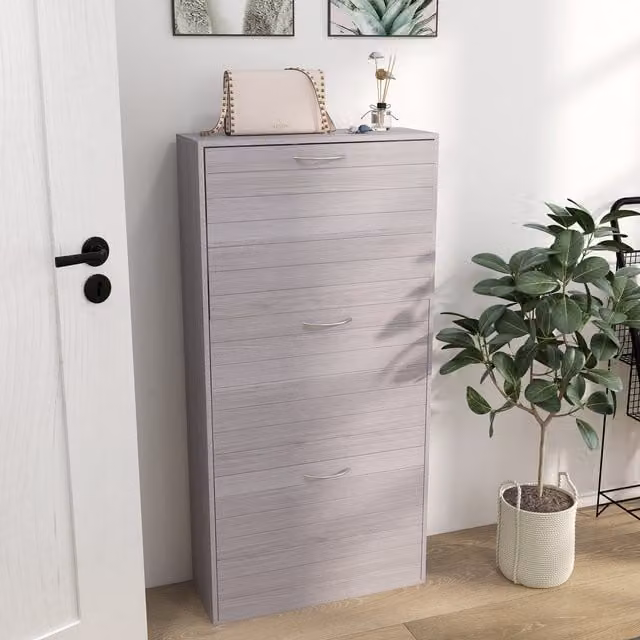 HOMCOM Modern Grey Shoe Cabinet with 3 Tilting Compartments for 12 Pairs of Shoes