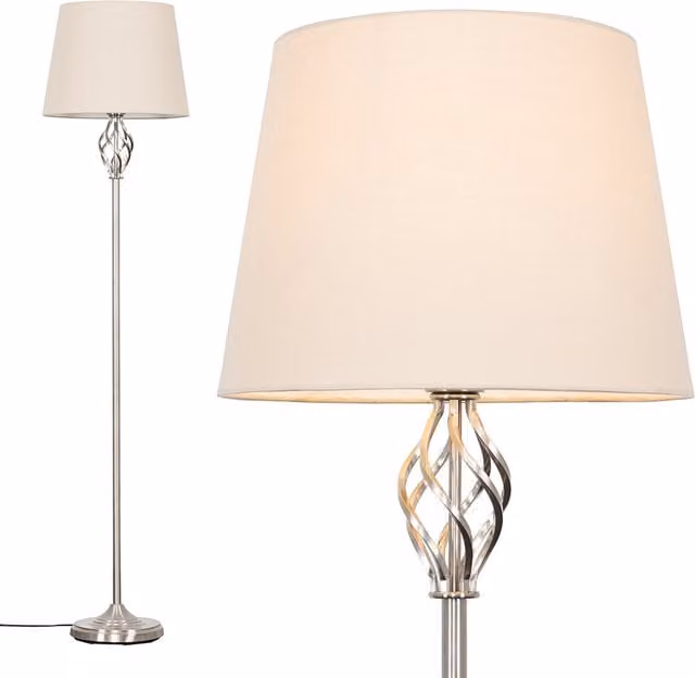 ValueLights Silver Satin Barley Twist Floor Lamp with Beige Fabric Cylinder Shade
