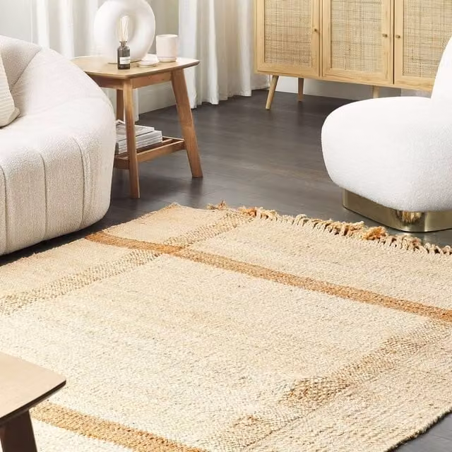 Wyld and Coco Beige Jute and Cotton Geometric Woven Area Rug with Fringes, W: 140 cm, L: 200 cm – 1