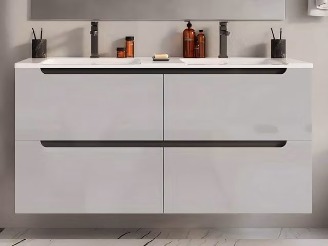 Selita Modern Wall-Mounted White Glossy Vanity Unit with Soft-Close Doors and Internal Drawers, W: 120 cm, H: 57 cm, D: 46 cm