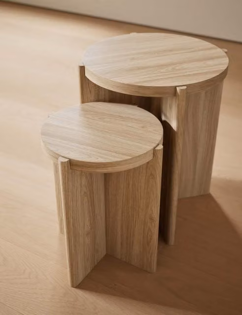 M&S Cove Nest of Side Tables in Natural Brown and Beige with Round Wood Tops
