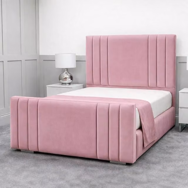 Living Comfort Bedz Canberra Super King Upholstered Plush Velvet Bed with Slatted Base and 48 Inch Headboard in Pink, W/D/H: 200 x 200 cm