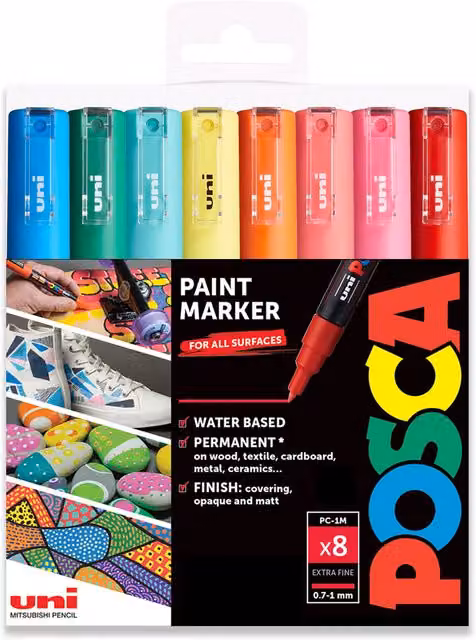 POSCA PC-1M Paint Marker Art Pens, 0.7mm, Summer Multicolour Set of 8