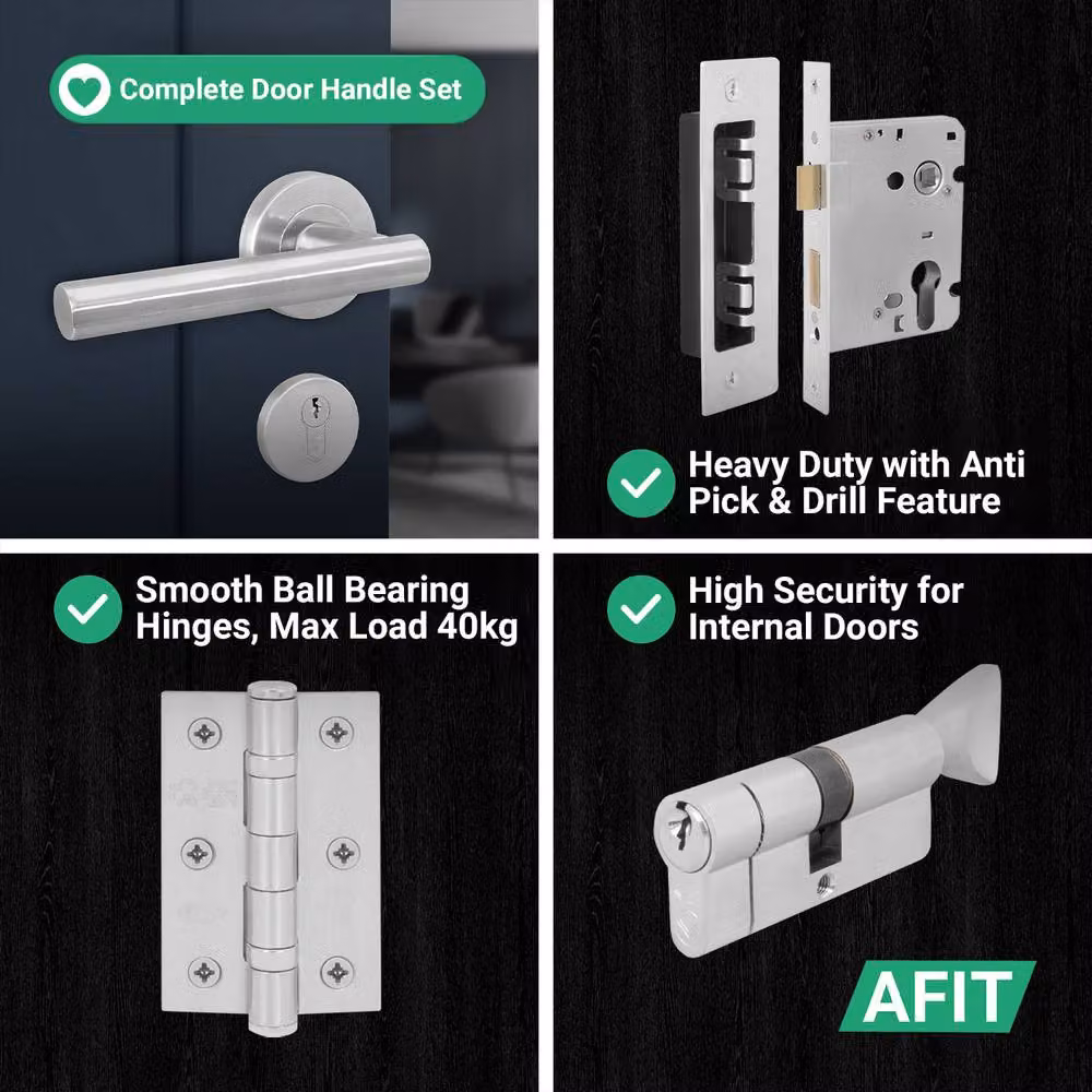 AFIT Satin Nickel Door Handle with Euro Lock Thumbturn Cylinder in Silver – 6