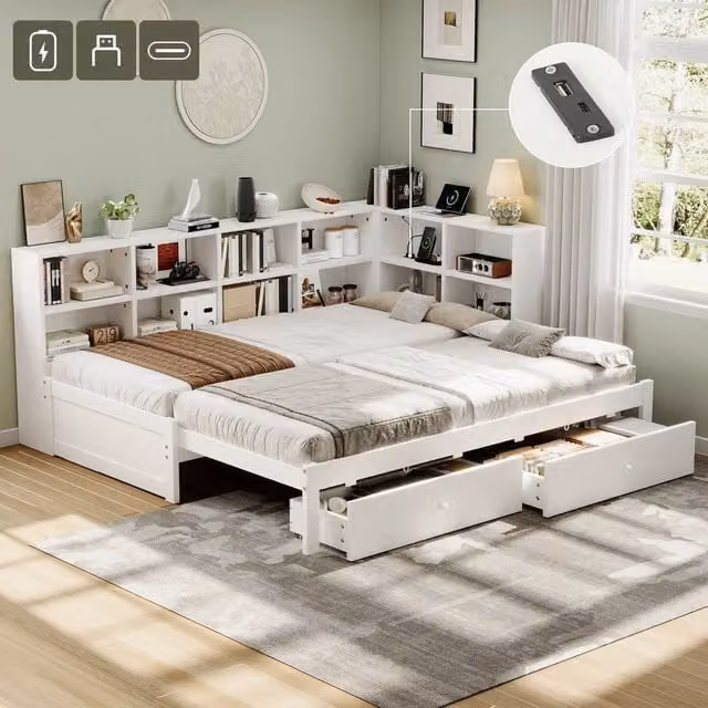 Rolipo White Solid Wood Convertible Daybed with Storage Drawers and USB Charging Port, W/D/H: 140 x 200 cm