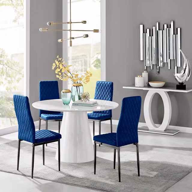FurnitureboxUK Palma White High Gloss Round Dining Table and 4 Navy Velvet Milan Chairs with Black Legs