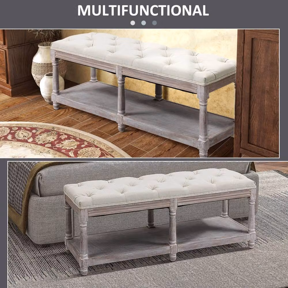 Wyld Haus Lono Cream Tufted 2 Tier Vintage Style Fabric and Wood Shoe Rack Storage Bench – 7