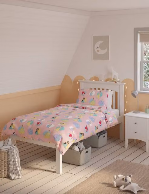 M&S Disney Princess Cotton Blend Dotted Bedding Set, Pink Mix, W: 140 cm, L: 200 cm
