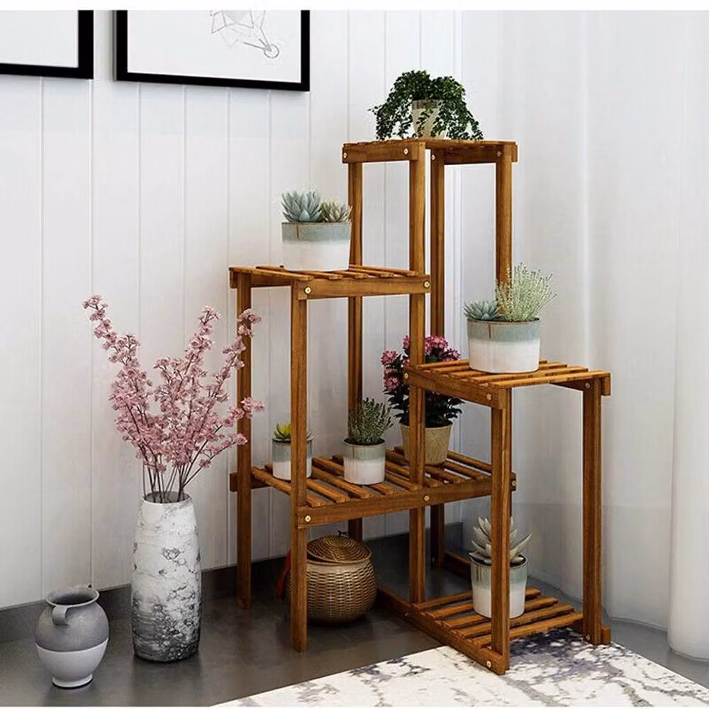 KORVIXA Brown Pine Wood Multi Tier Garden Plant Stand and Shoe Rack – 4