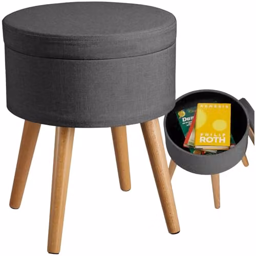 tectake Yara Round Storage Stool in Grey Fabric with Beech Legs, W/D/H: 45.5 x 42.5 x 42.5 cm