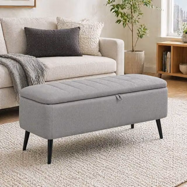STILVORA Grey Fabric Storage Ottoman with Metal Frame and Steel Legs
