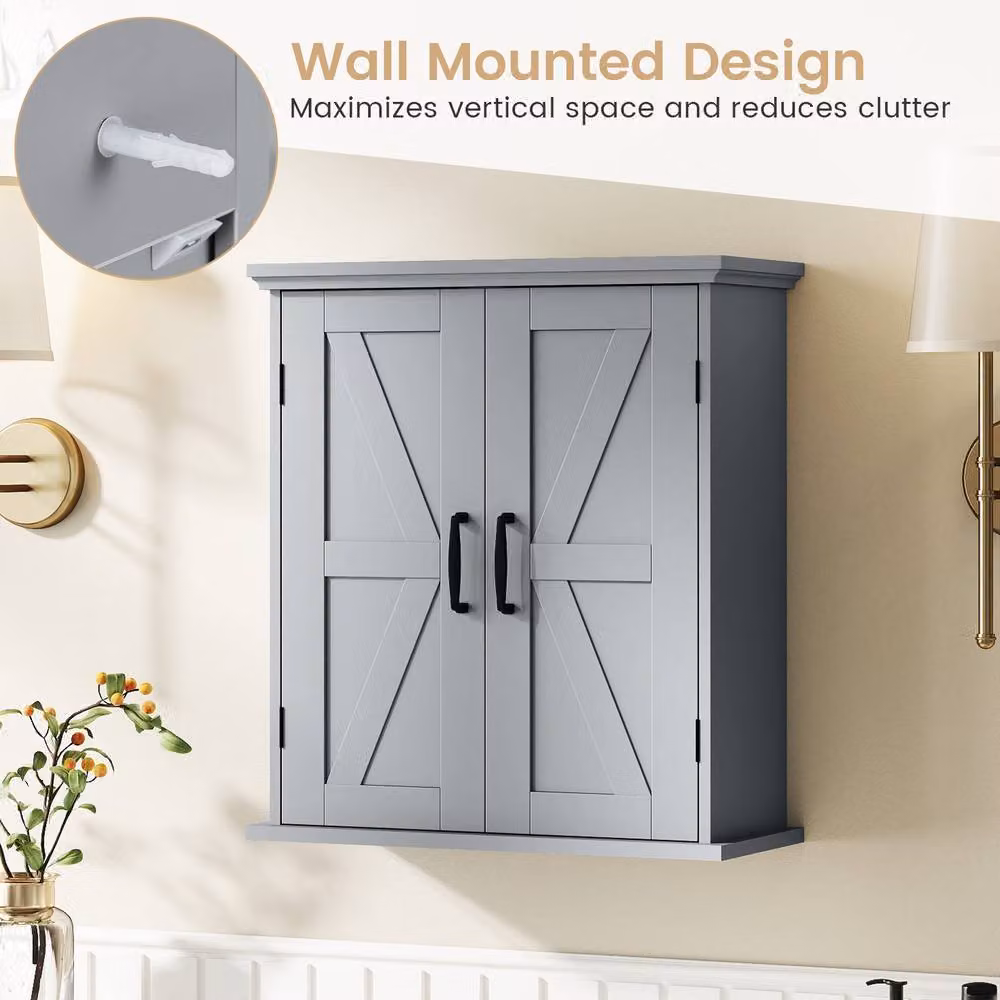 Costway Grey Farmhouse Wall Mounted Bathroom and Kitchen Cabinet with 2 Hinged Doors and Internal Shelves – 5