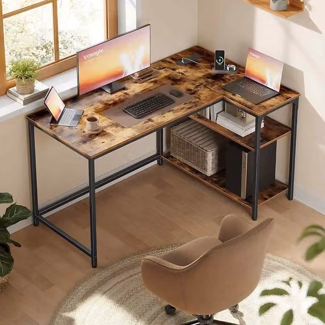 The Bazaarist L Shaped Corner Office Desk with Power Outlets, Rustic Brown