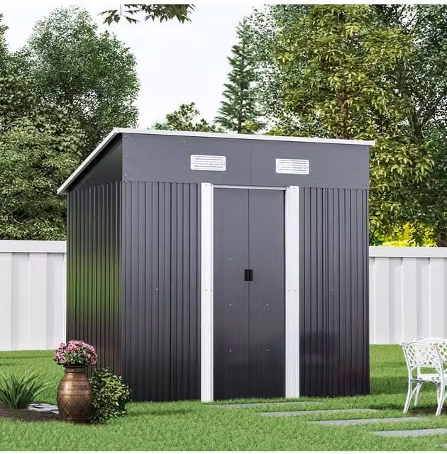 Living and Home Pent Metal Garden Shed with Base Foundation and Double Doors, Black, W: 182 cm, D: 121 cm, H: 194 cm – 1