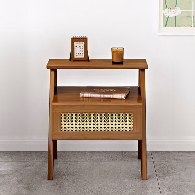 Komore Modern Brown Wood and Rattan Freestanding Bedside Table for Bedroom or Living Room