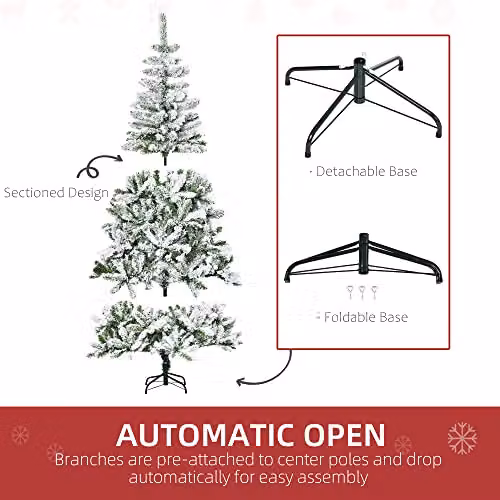 HOMCOM 6 Ft Snow Flocked Artificial Christmas Tree in Green with Auto Open Feature – 3