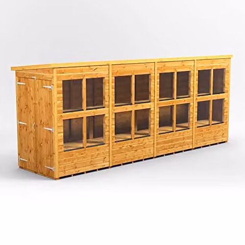 POWER Premium Pent Wooden Greenhouse Shed with Double Doors and Toughened Glass in Brown