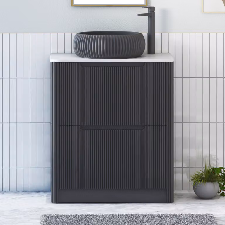Royal Bathrooms Avenza 600mm Matt Obsidian Black Floor Standing Vanity Unit with 2 Drawers, Plain White Worktop and Milan Black Basin