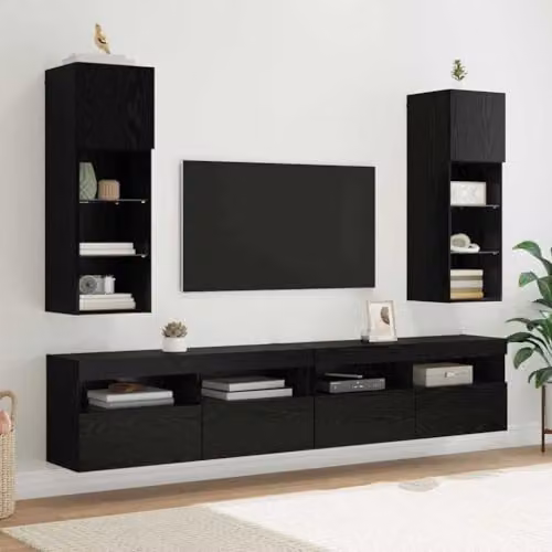 vidaXL Set of 2 Modern Wall-Mounted TV Cabinets in Black Oak with Integrated Lighting and Glass Doors – 2