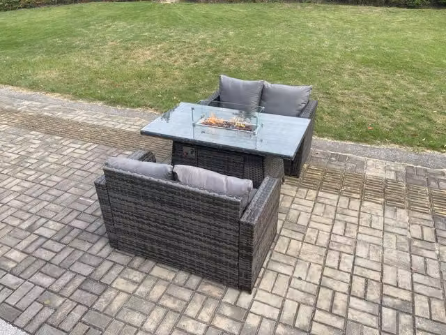 Fimous 3 Piece Rattan Garden Furniture Set with Dark Grey Gas Fire Pit Dining Table