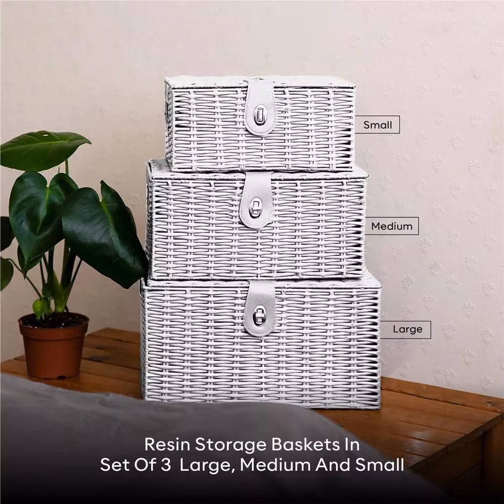 VOGREX Set of 3 White Resin Wicker Woven Storage Baskets – 2