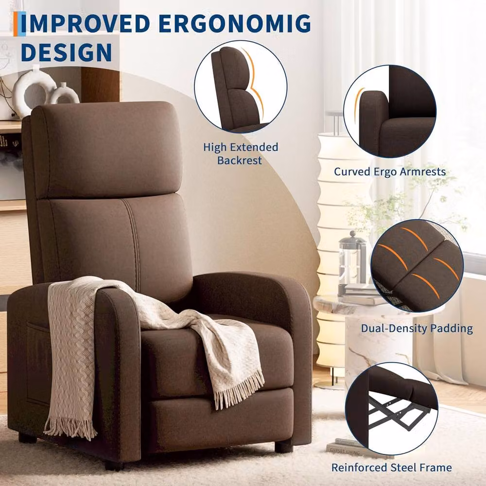 London Boutique Brown Fabric Manual Recliner Chair with Cushion and Side Pocket – 7