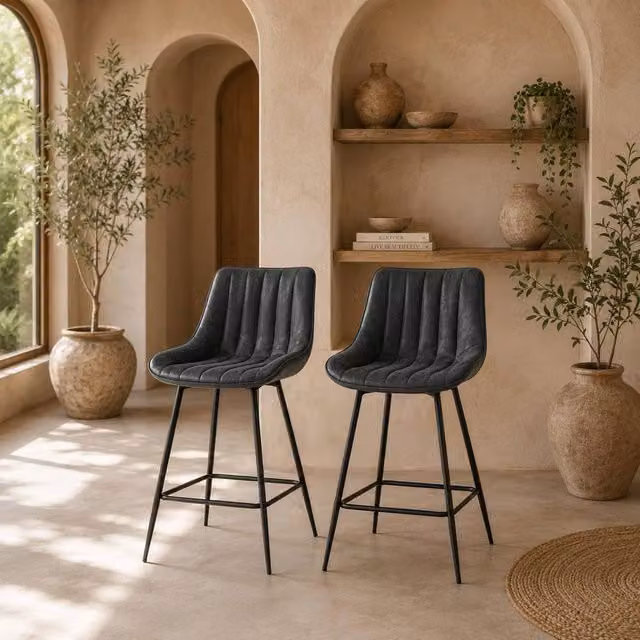 Wyld Haus Lono Set of 2 Black Faux Leather 360 Degree Swivel Counter Stools