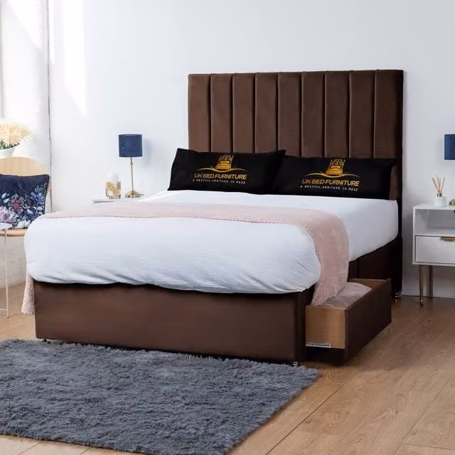 UK Bed Furniture Ashford Brown Velvet Divan Double Bed with 2 Drawers and 26 Inch Headboard W/D/H: 140 x 200 x 66.04 cm