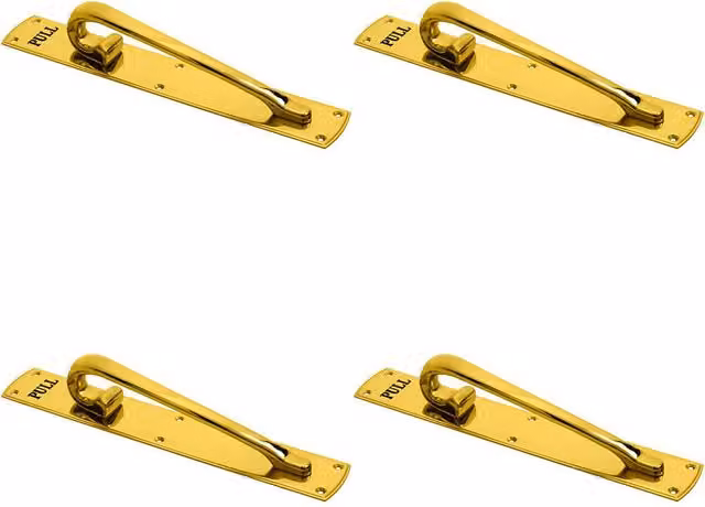Loops Set of 4 Curved Left Handed Door Pull Handles Engraved with Pull in Polished Brass